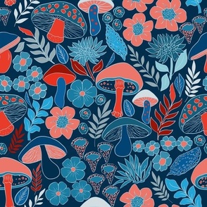 Mushrooms and flowers blue red and white on dark navy blue