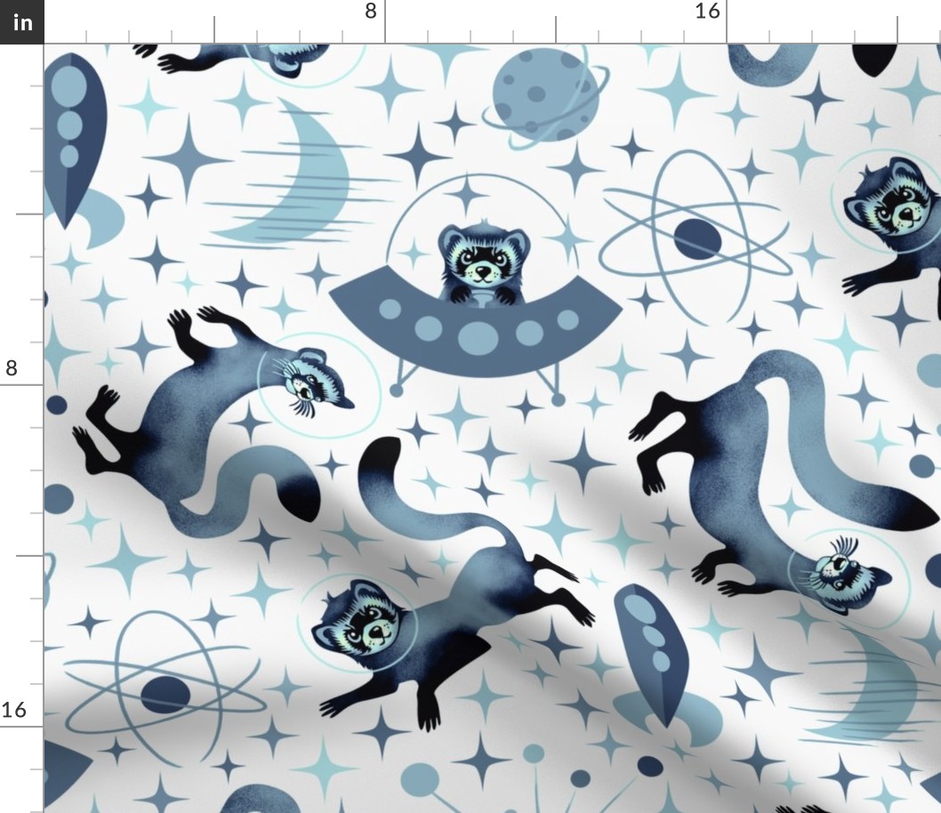 Black-Footed Ferrets in Space retro MID MOD atomic mid century modern spaceship planets sparkling stars moon monochrome cool jeans blue on white |  fun animals kids bedroom | boy bedroom |  jumbo