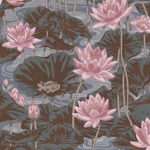 lilypads with frogs in moody earth tones