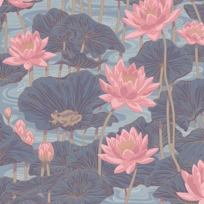 lilypads with frogs in pastel pink