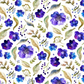purple watercolor flowers, blue berries and autumn leaves on white