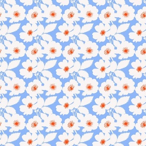 Prairie Rose Flowers Mini White On Sky Blue With Red Accents Iowa State Flower Silhouette Independence Day Fourth Of July 4th Flag Colors Retro Modern Floral Pattern