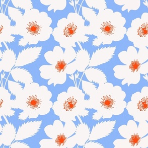 White Prairie Rose Flowers On Sky Blue With Red Accents Iowa State Flower Silhouette Independence Day Fourth Of July 4th Flag Colors Retro Modern Floral Pattern