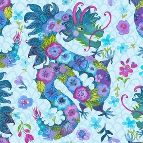 Blue Blossom Happy Dragon: Floral Fantasy Pattern celebrating the year of the dragon
