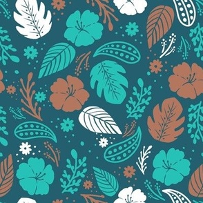 Foliage & Hibiscus Pattern - Turquoise & Brown
