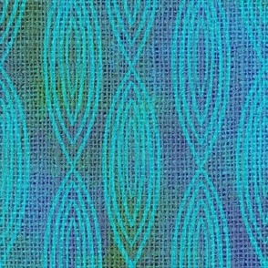 6” concentric ogees in pale mint chalk on painterly mark making abstract with faux woven burlap overlay half drop in blue nova, sage and pale blue