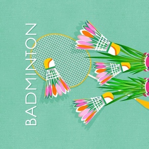 (M) Badminton Birdies, Racquet and trainers Pop art illustration on AQUA  #badmintonpattern #badmintonbirdies #popart #wallhanging #teatowel