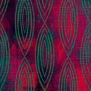6” concentric ogees in pale dark teal chalk on painterly mark making abstract with faux woven burlap overlay half drop in deep moody red, purple