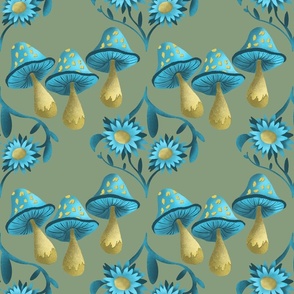 Blue, Turquoise and Mustard Yellow Mushroom with Blue Floral on Green Background Full Drop