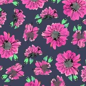 Pink sunflowers _ with leaves - pink on dark Blue