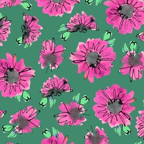 Pink sunflowers with leaves on dark green
