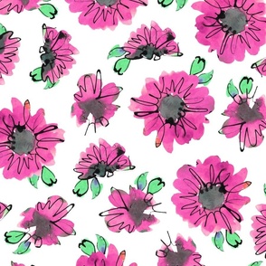 Pink sunflowers with leaves on white