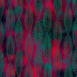 4” concentric ogees in pale dark teal chalk on painterly mark making abstract with faux woven burlap overlay half drop in deep moody red, purple