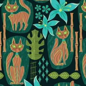 tiki cats in tropical teal