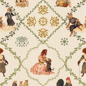 Vintage sepia look animals in Victorian clothes on a cream linen background