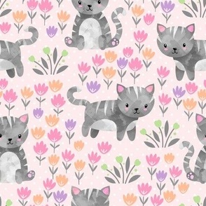 Spring Kittens and Flowers, shell pink – baby girl fabric (8” repeat)
