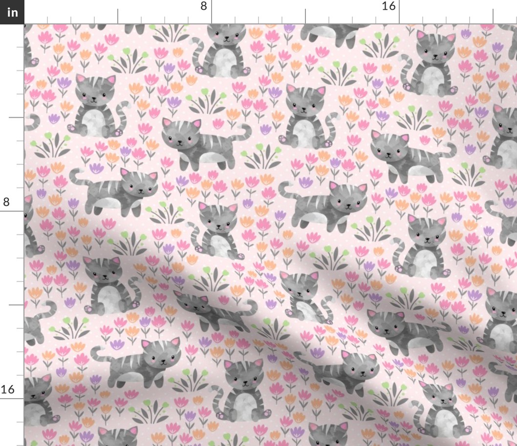 Spring Kittens and Flowers, shell pink – baby girl fabric (8” repeat)