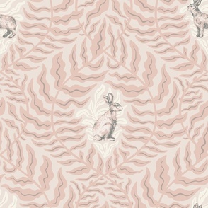 Natural Habitat of Rabbits and Ferns - Pink and Grey - Medium Scale