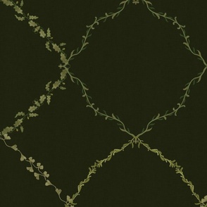 Leafy diamond shape lattice design on a dark olive green background