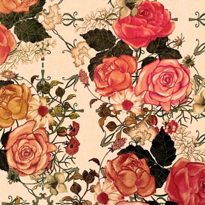 Hand drawn Victorian roses in red and yellow on with a vintage linen texture and sepia overtone