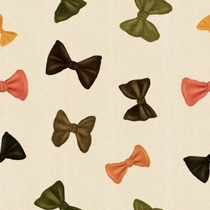 Small scale vintage sepia multicolored tossed bow ties on a linen background