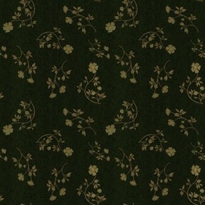 Small scale tossed wild roses in light sepia green on a green linen textured background