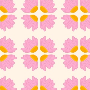 Retro daisies pink on yellow/cream background kitsch (large)