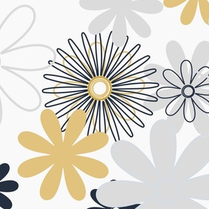 Navy Daisy Playful Daisies in Grey, Gold and Navy Blue