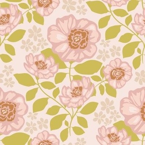Pink peonies and green leaves in cream background