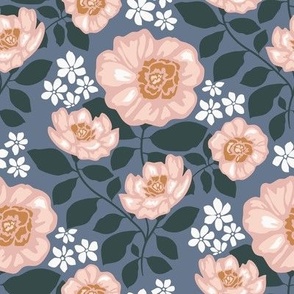Pink peonies and blue leaves in indigo background