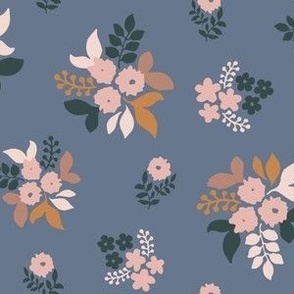 Cute floral bouquet in pink tones and blue background