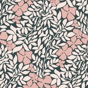 Wild Leaves in cream and Pink Modern Florals on Navy Blue Background 
