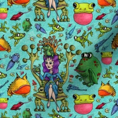 the frog princess, medium large scale, red orange yellow green blue indigo violet olive lime chartreuse turquoise pink black quirky cute whimsical funny maximalist