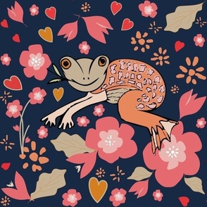 Happy Leap-Year Frogs Flowers And Hearts - Bold On Blue. 