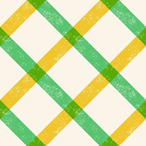 Medium | Mustard  & Green Textured Diagonal Gingham | Bright Retro Summer Checkered Vichy on Cream Background