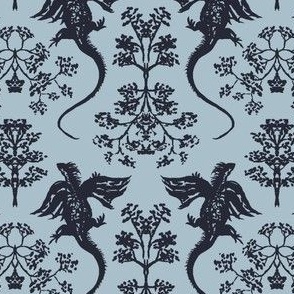 medium  - Flying dragon damask - dark baritone blue on winter sky blue - year of dragon