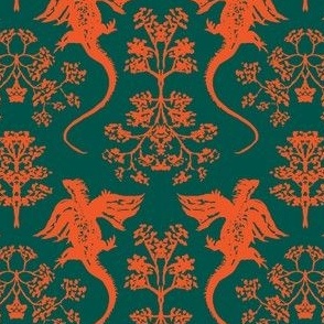 medium  - Flying dragon damask - red orange on adventurine deep green - year of dragon