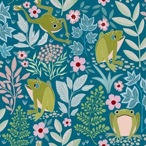 Friendly Frog Garden on blue - large - 18”