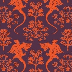medium  - Flying dragon damask - red orange on italian plum dark purple - year of dragon