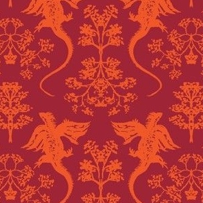 medium  - Flying red dragon damask - red orange on scarlet smile red - year of dragon