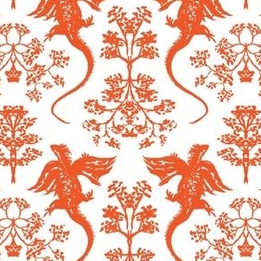 medium  - Flying dragon damask - red orange on white - year of dragon