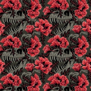 Poppies and T-rex Skulls - Red / Grey