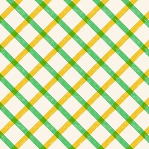 Small | Mustard  & Green Textured Diagonal Gingham | Bright Retro Summer Checkered Vichy on Cream Background