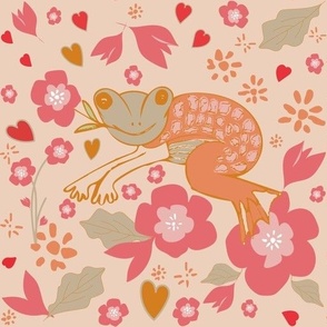 Happy Leap Year Frogs, Flowers And Hearts - Peach Tones.