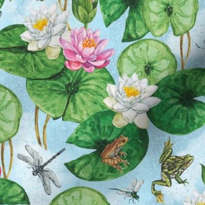 Leap Year Frogs Delight, Hand Painted, Watercolor Frogs on Lily Pads, White and Pink Water Lilies, Dragonflies on Blue, Large Scale