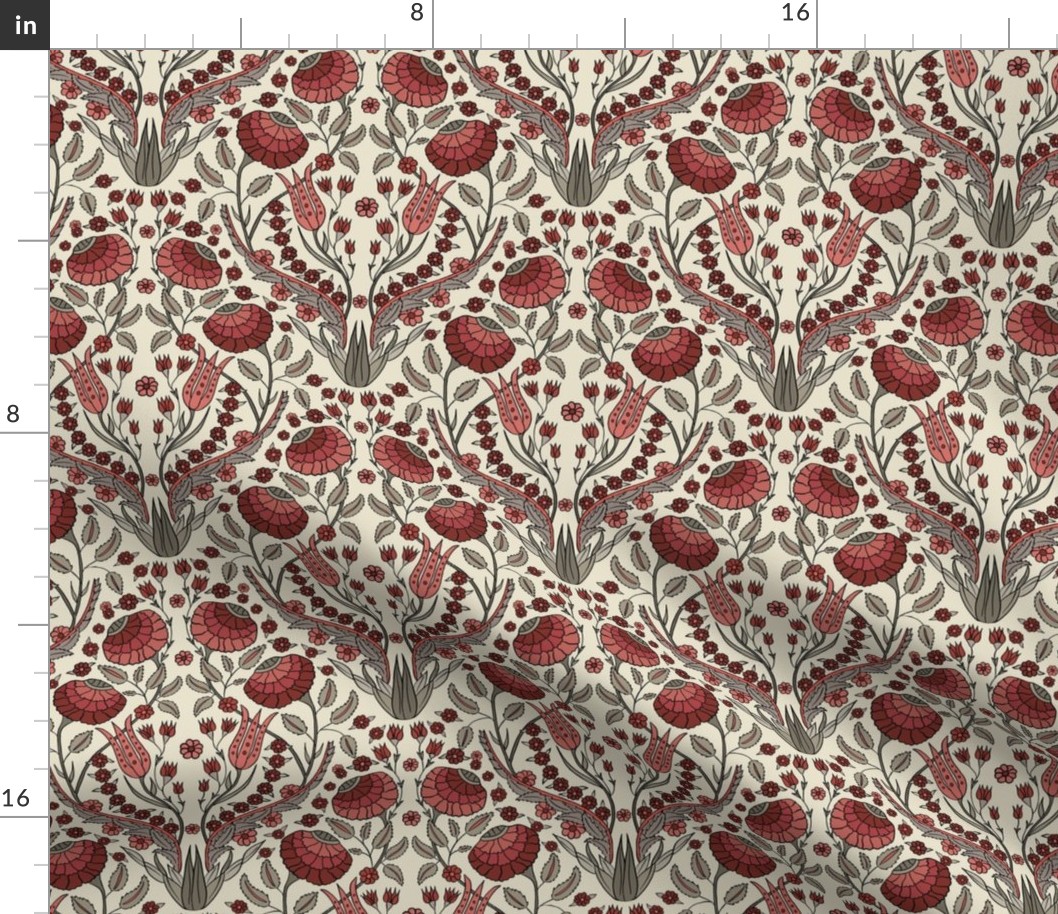 Turkish Iznik Floral in reds, olive green, gray, small scale