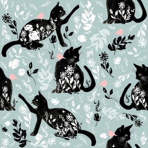 Black cats on soft teal / watercolor / white grey pink