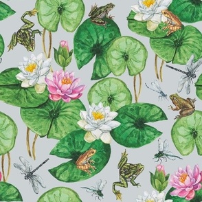 Leap Year Frogs Delight, Hand Painted, Watercolor Frogs on Lily Pads, White and Pink Water Lilies, Dragonflies on Grey Background, Large Scale