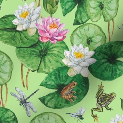 Leap Year Frogs Delight, Hand Painted, Watercolor Frogs on Lily Pads, White and Pink Water Lilies, Dragonflies on Yellow Green, Large Scale