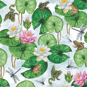 Leap Year Frogs Delight, Hand Painted, Watercolor Frogs on Lily Pads, White and Pink Water Lilies, Dragonflies on Textured Background, Large Scale